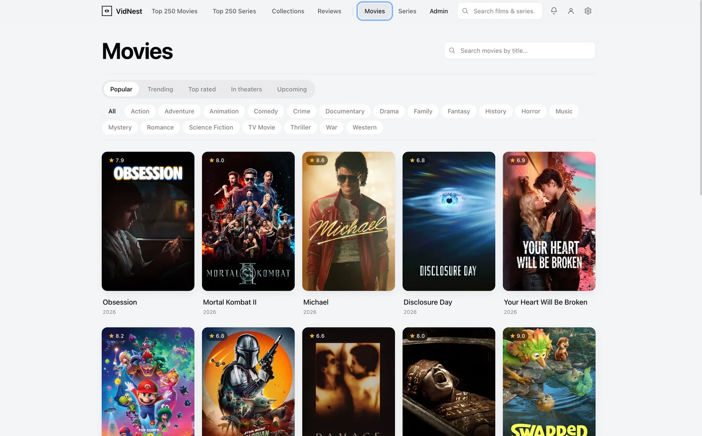 Vidnest movie-overzicht met filters, genres en posters